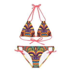 Yellow tiki mask Strappy Bikini Set (AOP)